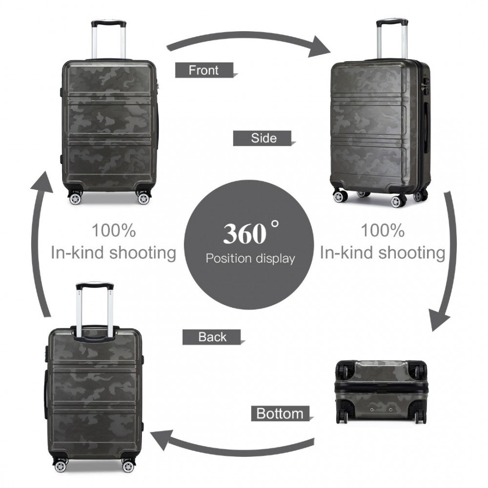 K1871-1L - KONO ABS SCULPTED HORIZONTAL DESIGN 3 PIECE SUITCASE SET - CAMOUFLAGE GREY AND BLACK