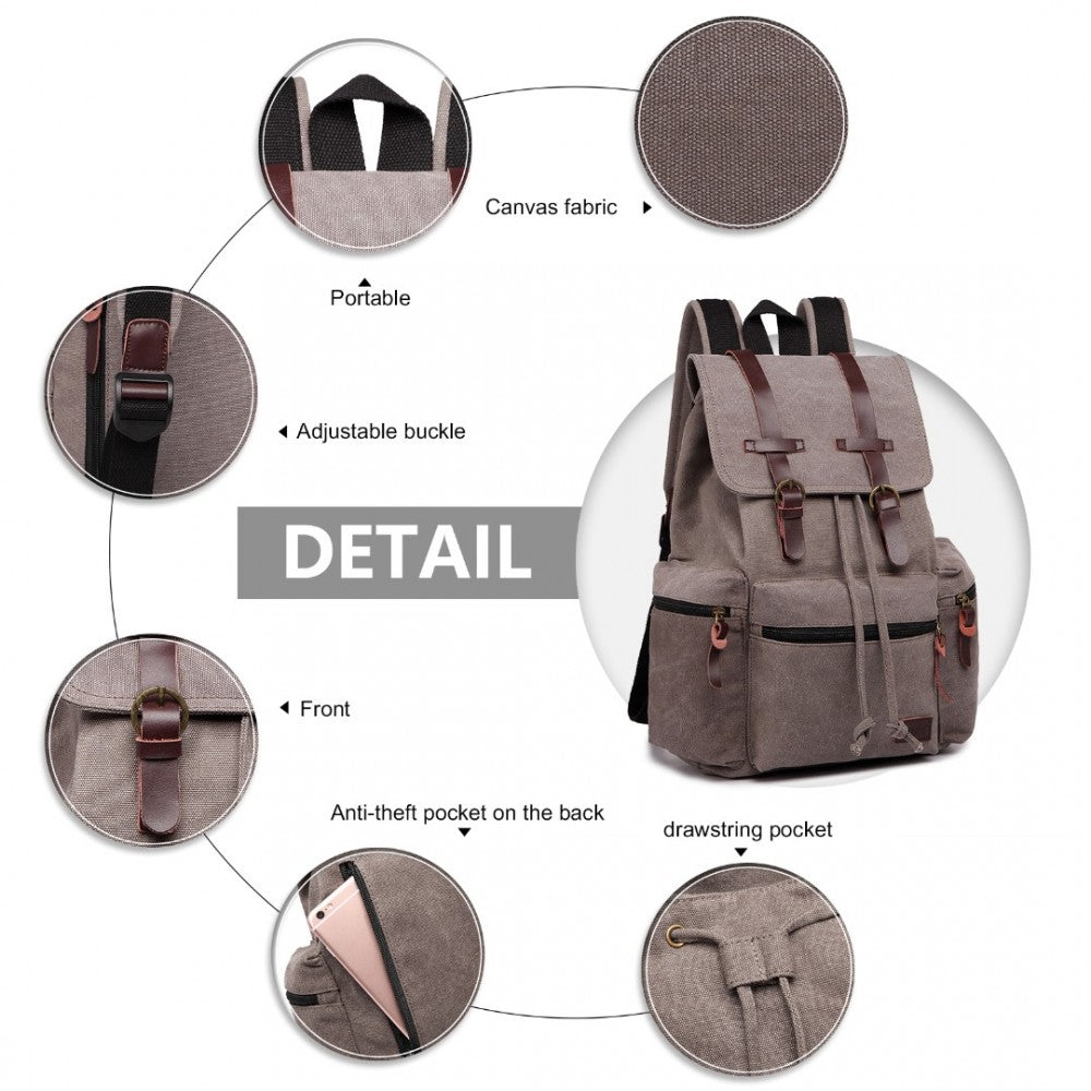 E1672 - KONO LARGE MULTI FUNCTION LEATHER DETAILS CANVAS BACKPACK - GREY