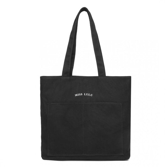 LH2319 - MISS LULU LARGE CAPACITY CANVAS SHOPPING SHOULDER BAG - BLACK