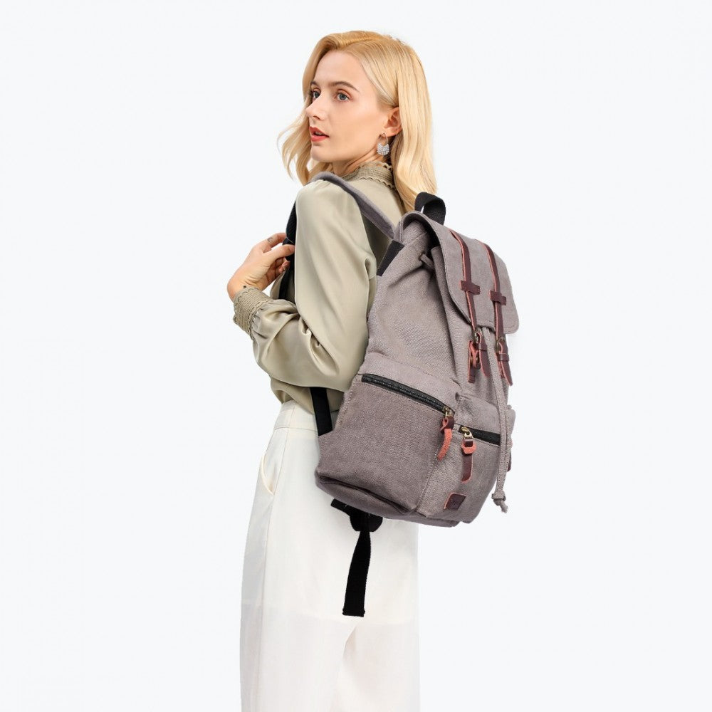 E1672 - KONO LARGE MULTI FUNCTION LEATHER DETAILS CANVAS BACKPACK - GREY