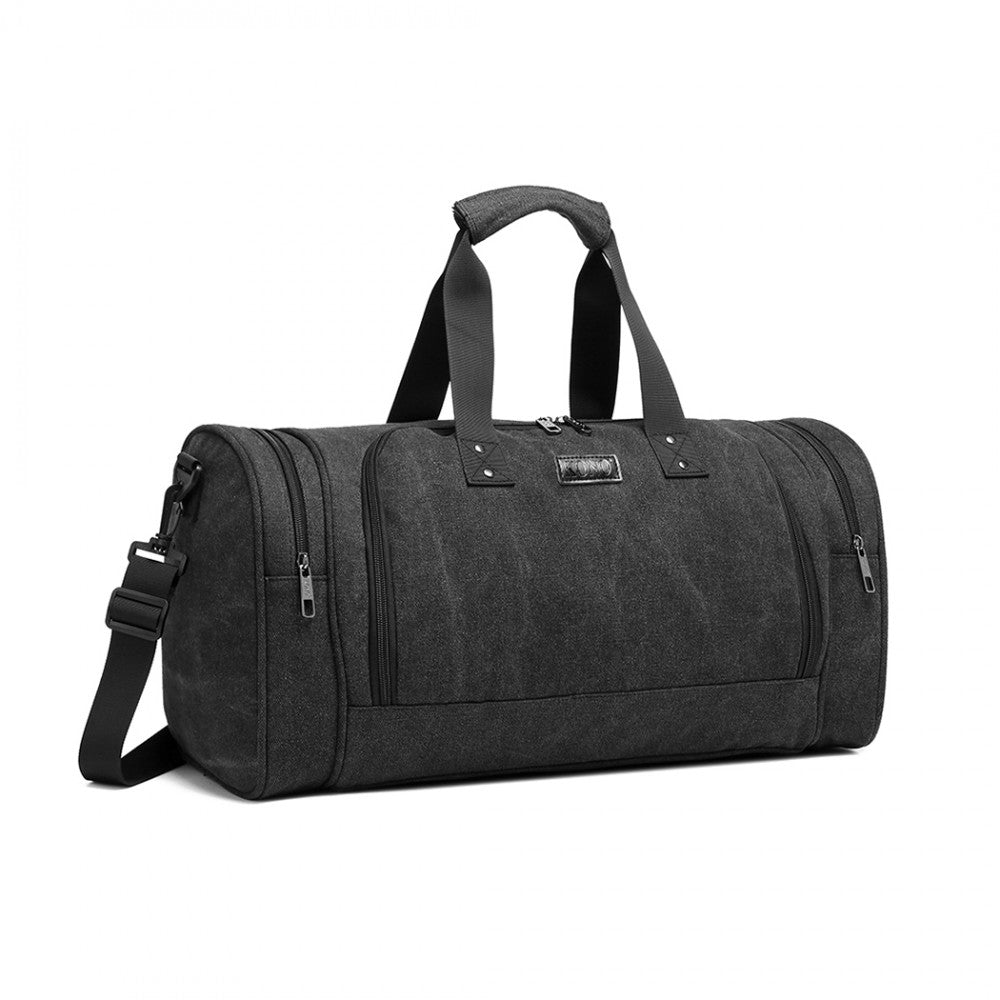 E1957 - KONO CANVAS BARREL DUFFLE TRAVEL BAG - BLACK