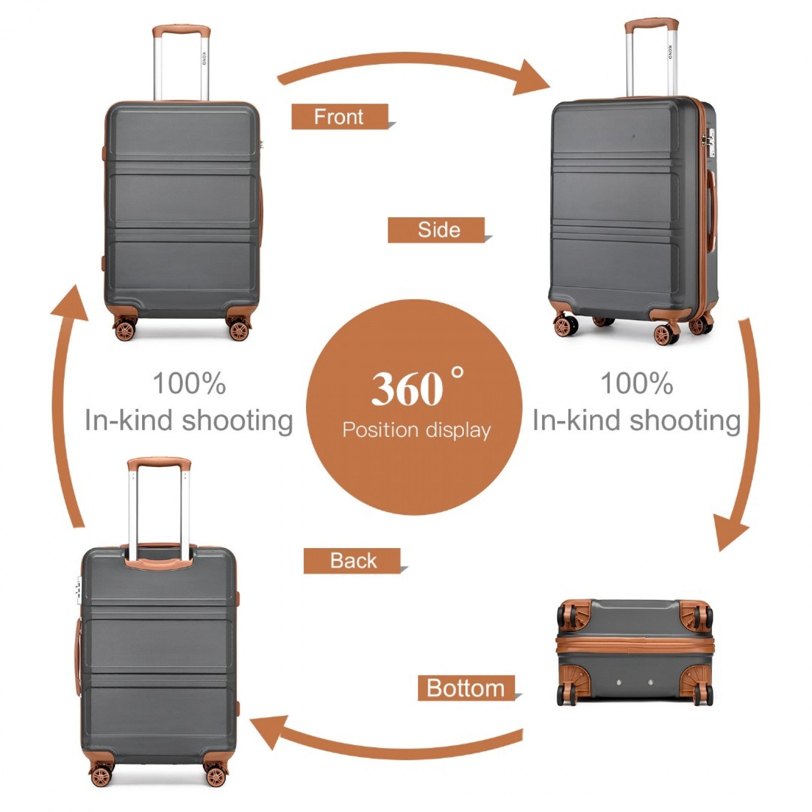 K1871-1L - KONO ABS 20 INCH SCULPTED HORIZONTAL DESIGN CABIN LUGGAGE - GREY AND BROWN - The Baggage Shop