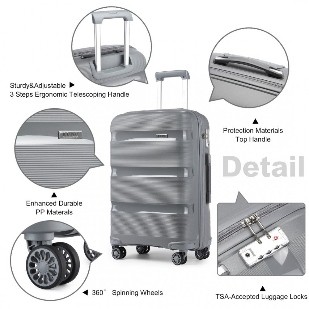 K2092L - KONO BRIGHT HARD SHELL PP SUITCASE WITH TSA LOCK AND VANITY CASE 4 PIECES SET - CLASSIC COLLECTION - GREY