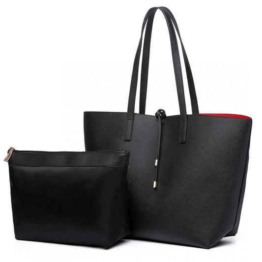 LT6628 - MISS LULU WOMEN REVERSIBLE CONTRAST SHOPPER TOTE BAG BLACK