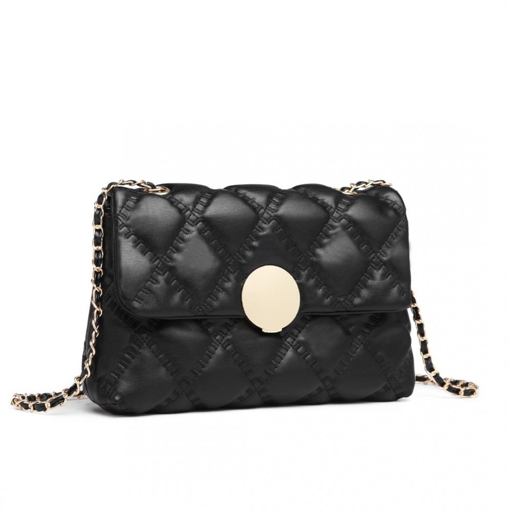 LB2242 - MISS LULU SMOOTH FLAP CHAIN SHOULDER BAG - BLACK