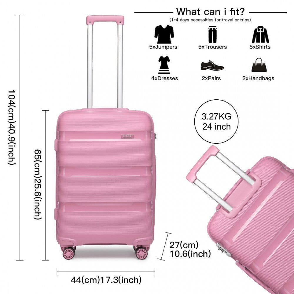 K2092L - KONO 24 INCH BRIGHT HARD SHELL PP SUITCASE - CLASSIC COLLECTION - PINK