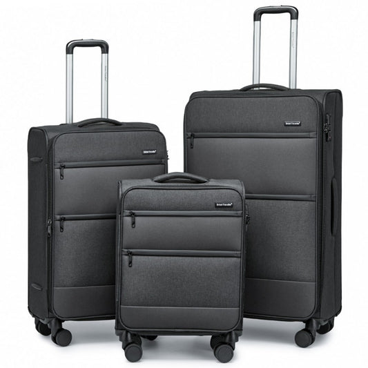 K2397L - BRITISH TRAVELLER 3-PIECE LIGHTWEIGHT SOFT SHELL LUGGAGE SET WITH TSA LOCKS - BLACK