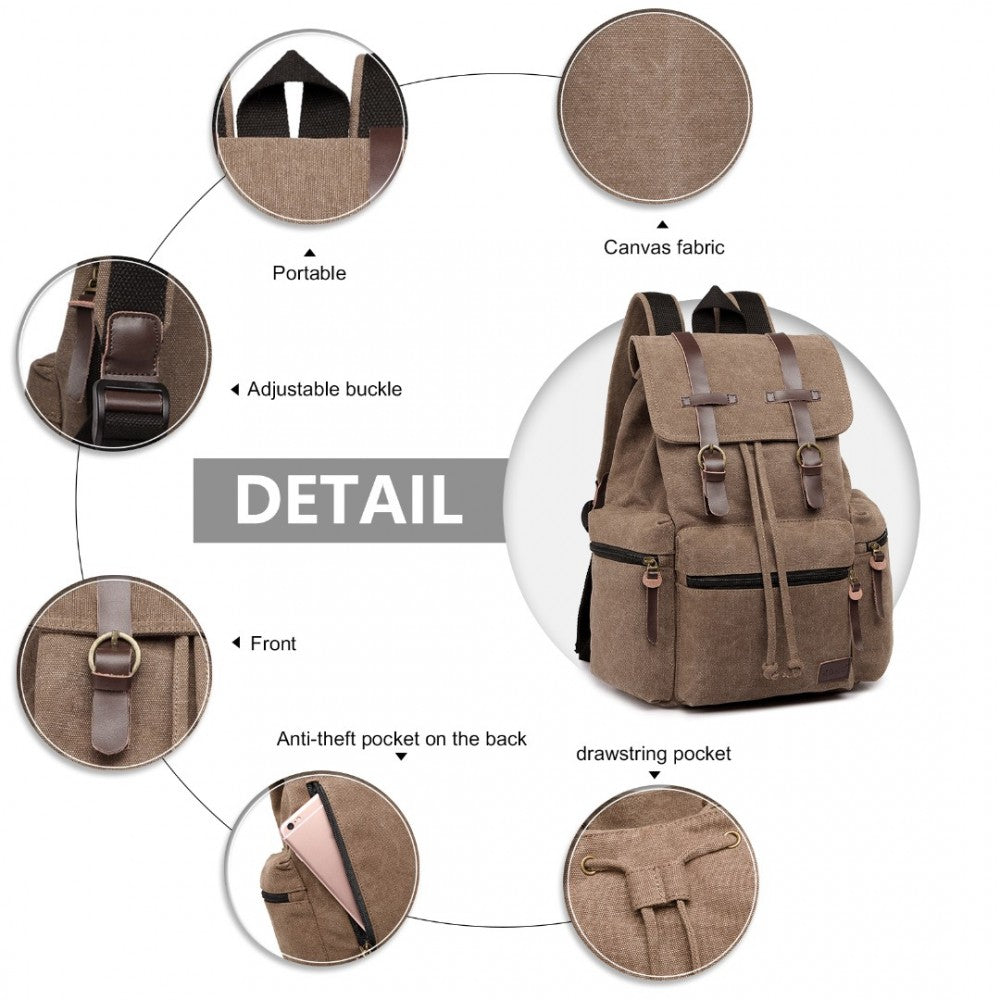 E1672 - KONO LARGE MULTI FUNCTION LEATHER DETAILS CANVAS BACKPACK - COFFEE