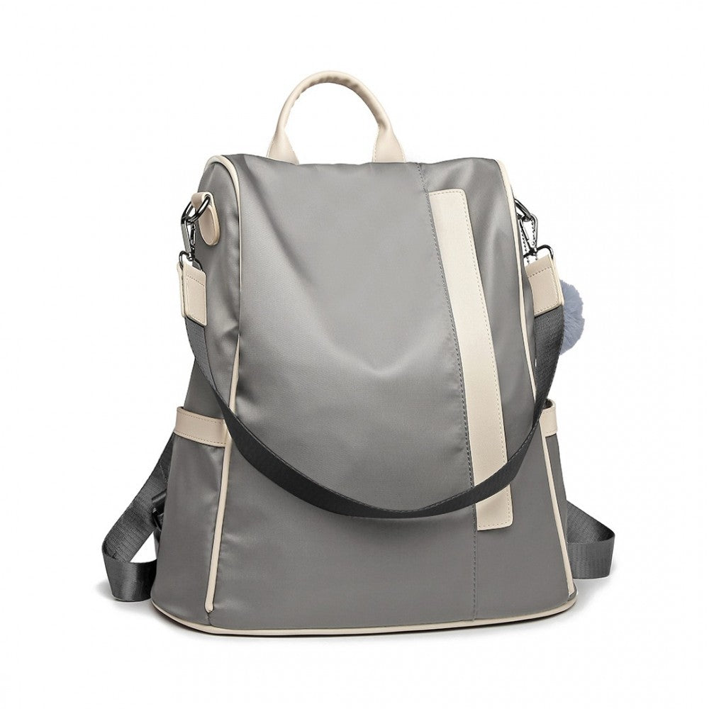 LG6917 - MISS LULU TWO WAY ANTI-THEFT BACKPACK WITH POM POM PENDANT - LIGHT GREY