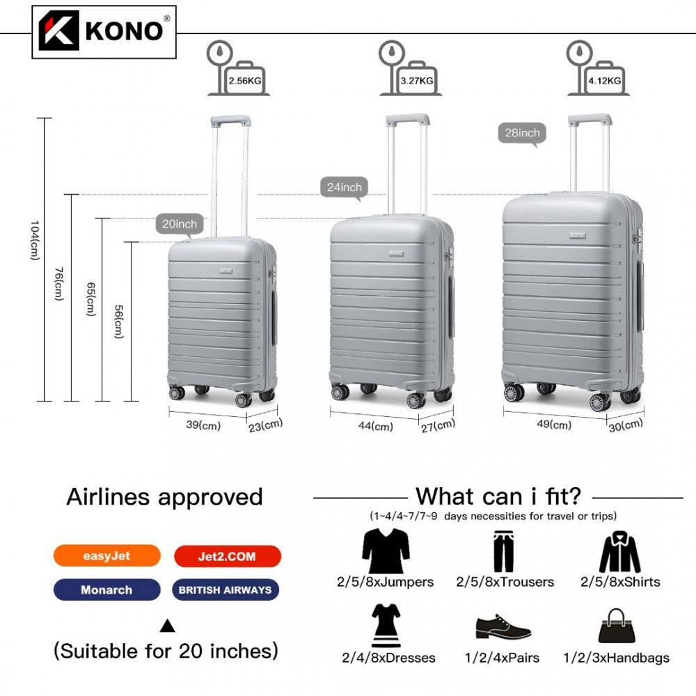 K2091L - KONO MULTI TEXTURE HARD SHELL PP SUITCASE 3 PIECES SET - CLASSIC COLLECTION - GREY