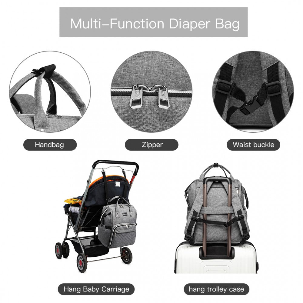 E6705USB - KONO PLAIN WIDE OPENING BABY NAPPY CHANGING BACKPACK WITH USB CONNECTIVITY - GREY