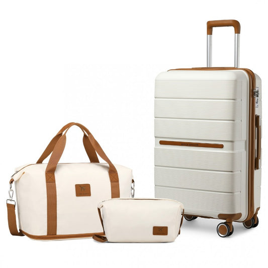 K2392L+S2366 - BRITISH TRAVELLER 20 INCH MULTI-TEXTURE POLYPROPYLENE CABIN SIZE SUITCASE 3 PIECE TRAVEL SET WITH TRAVEL TOTE AND COSMETIC POUCH - CREAM