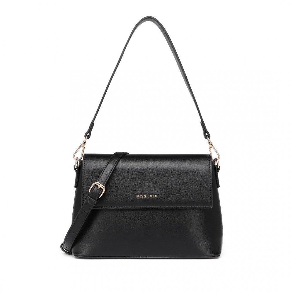 LH2209 - MISS LULU CLASSIC FLAP LEATHER SHOULDER BAG - BLACK