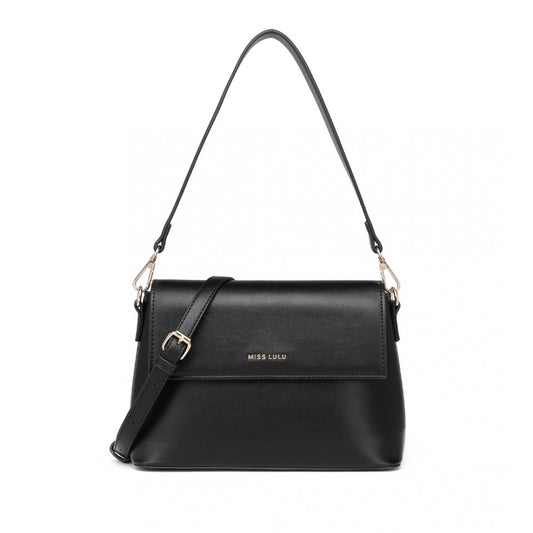 LH2209 - MISS LULU CLASSIC FLAP LEATHER SHOULDER BAG - BLACK