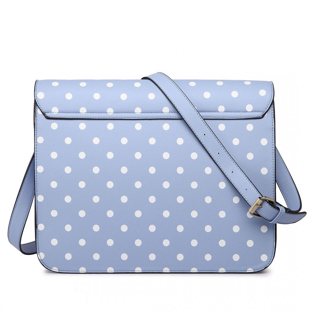 LT1665D2 - MISS LULU POLKA DOT LEATHER LOOK SCHOOL WORK SATCHEL LIGHT BLUE