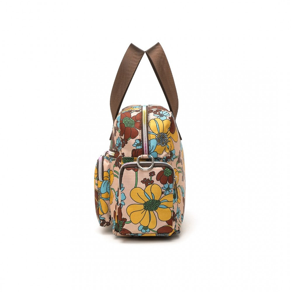 MSK2434F - KONO VERSATILE MULTI-POCKET TRAVEL BAG WITH ADJUSTABLE DETACHABLE STRAP AND FLOWER PRINT - KHAKI