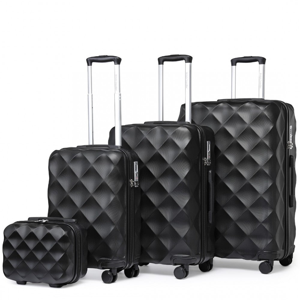 K2395L - BRITISH TRAVELLER ULTRALIGHT ABS AND POLYCARBONATE BUMPY DIAMOND 4 PCS LUGGAGE SET WITH TSA LOCK - BLACK