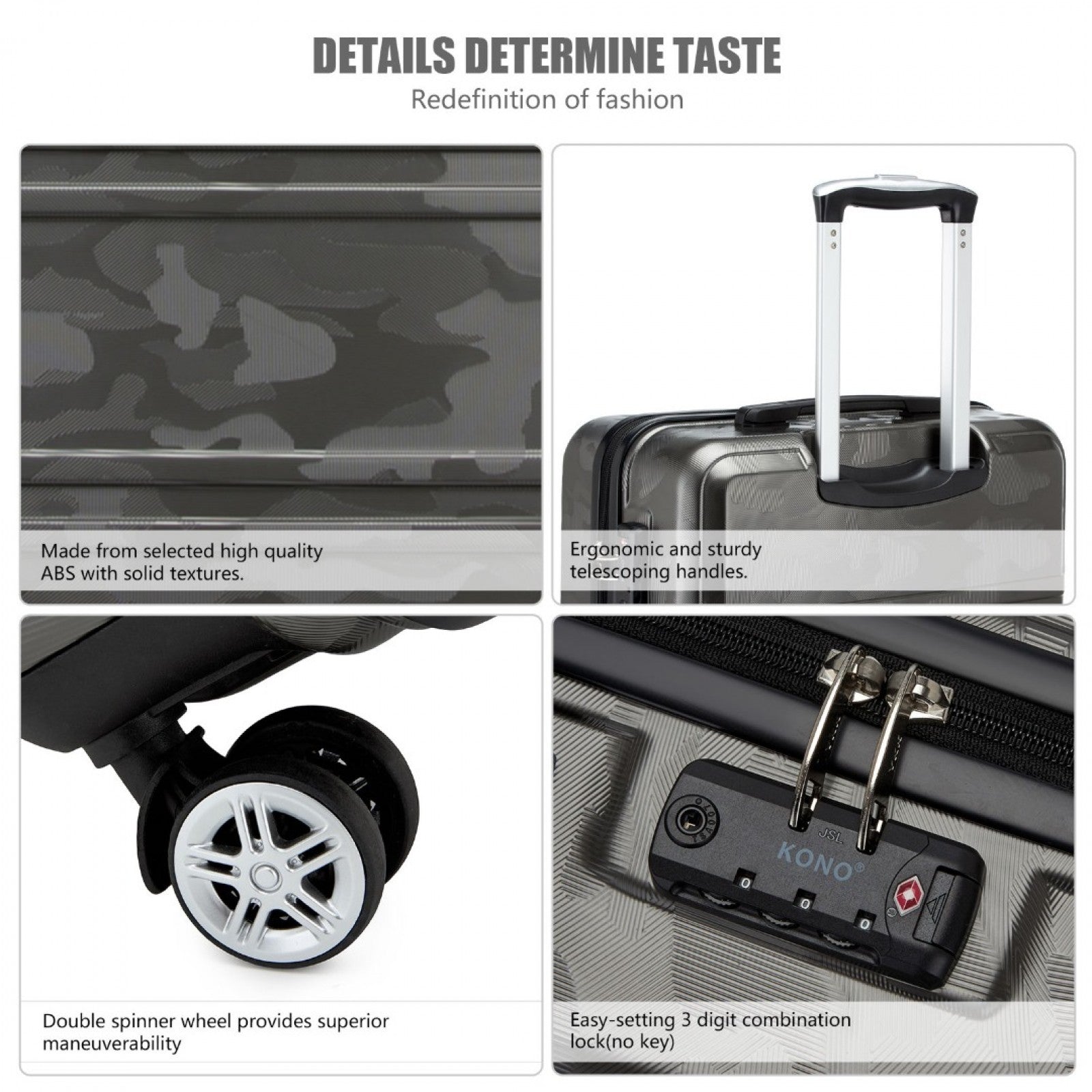 K1871-1L - KONO ABS 20 INCH SCULPTED HORIZONTAL DESIGN CABIN LUGGAGE - CAMOUFLAGE GREY AND BLACK - The Baggage Shop