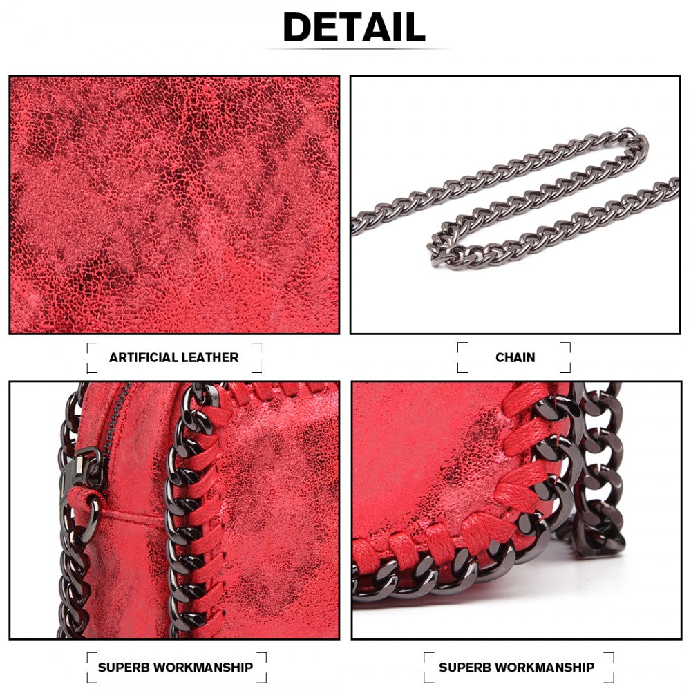 E6846 - MISS LULU METALLIC EFFECT LEATHER LOOK CHAIN SHOULDER BAG - RED