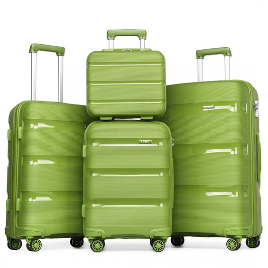 K2092L - KONO BRIGHT HARD SHELL PP SUITCASE WITH TSA LOCK AND VANITY CASE 4 PIECES SET - CLASSIC COLLECTION - GREEN