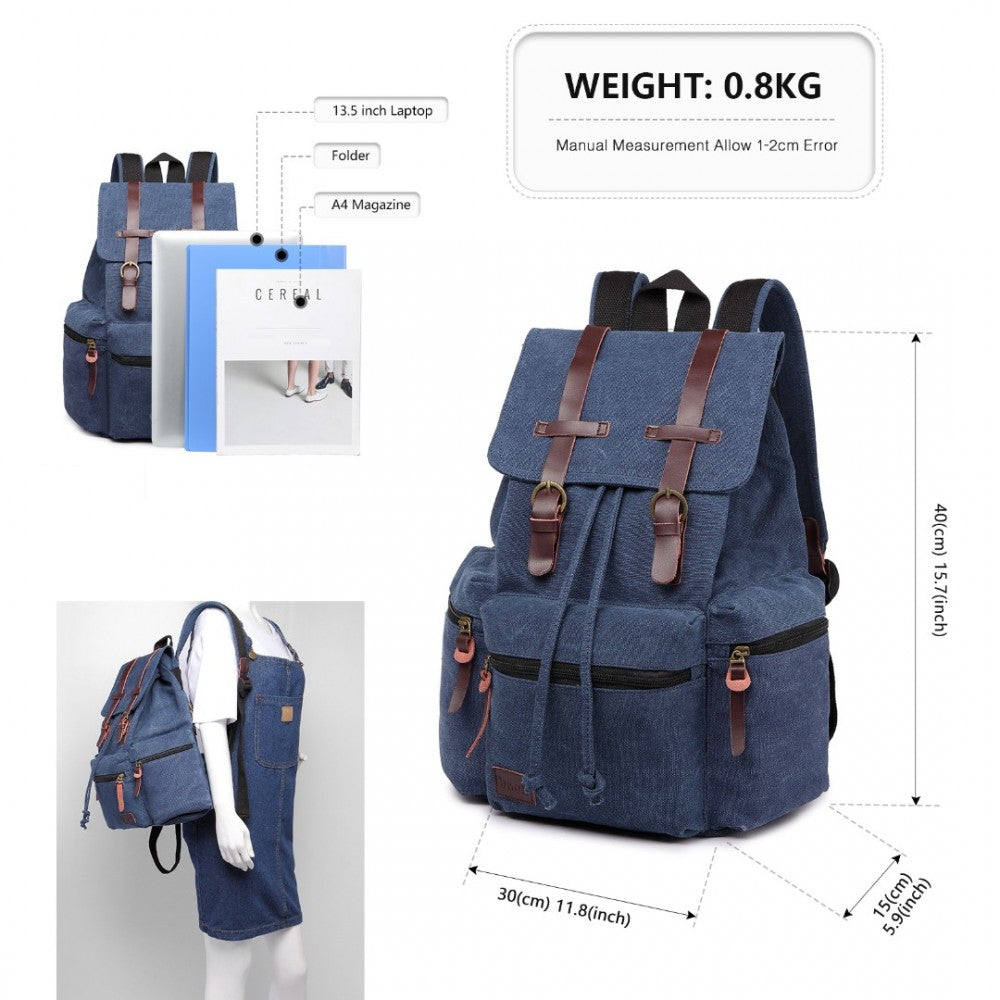 E1672 - KONO LARGE MULTI FUNCTION LEATHER DETAILS CANVAS BACKPACK - BLUE