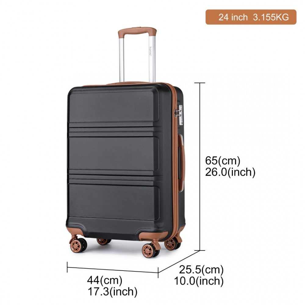 K1871-1L - KONO ABS 24 INCH SCULPTED HORIZONTAL DESIGN SUITCASE - BLACK AND BROWN