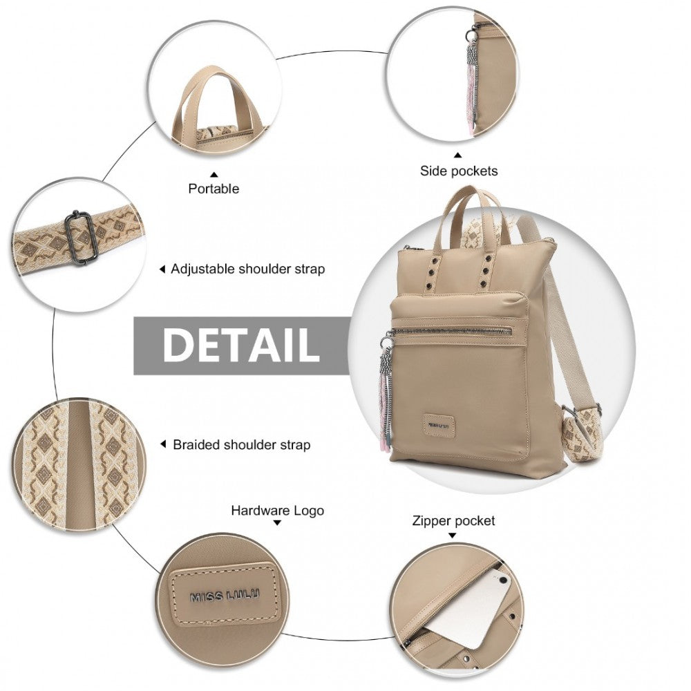 LT2355 - MISS LULU SIGNATURE STYLE BACKPACK WITH UNIQUE DETAILS - KHAKI