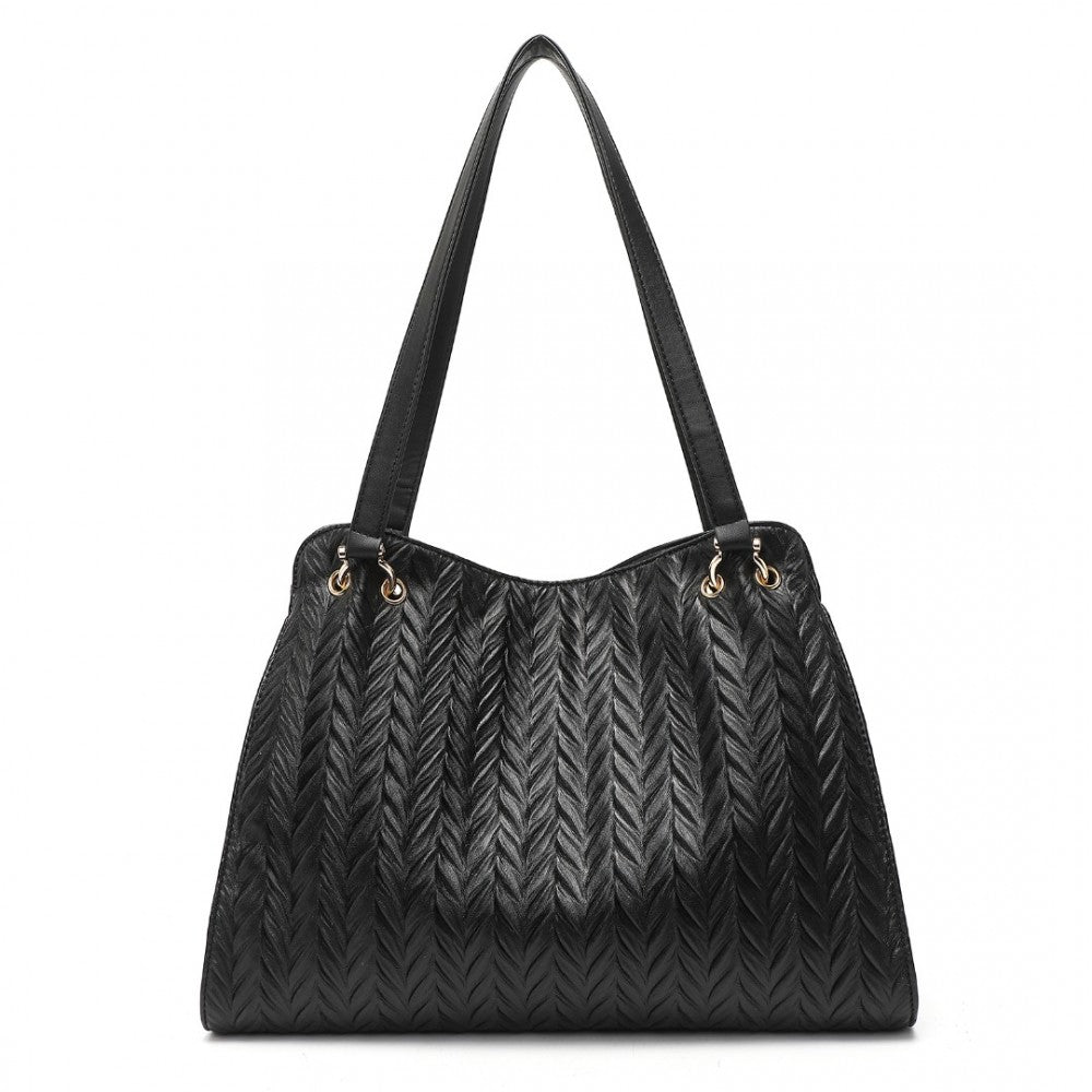 LG2339 - MISS LULU CHIC EMBOSSED TOTE WITH TASSEL DETAIL AND CARD POUCH - BLACK