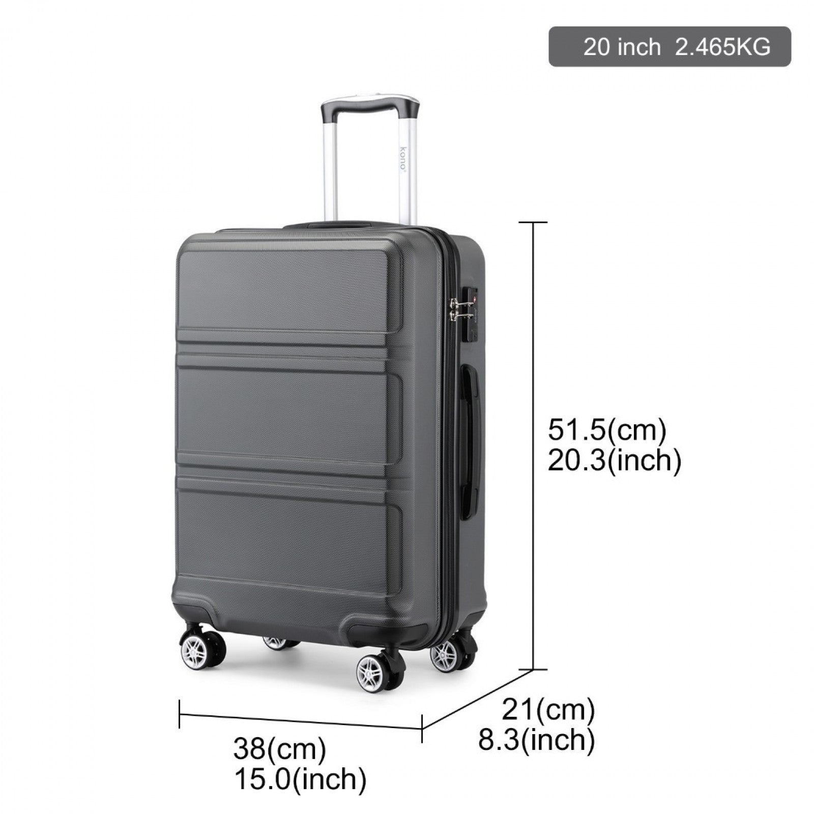 K1871-1L - KONO ABS 20 INCH SCULPTED HORIZONTAL DESIGN CABIN LUGGAGE - GREY - The Baggage Shop