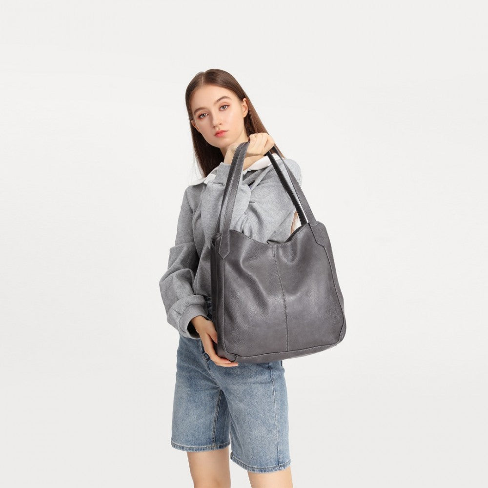 LH2230 - MISS LULU SOFT LEATHER MULTIPLE POCKET TOTE SHOULDER BAG - GREY