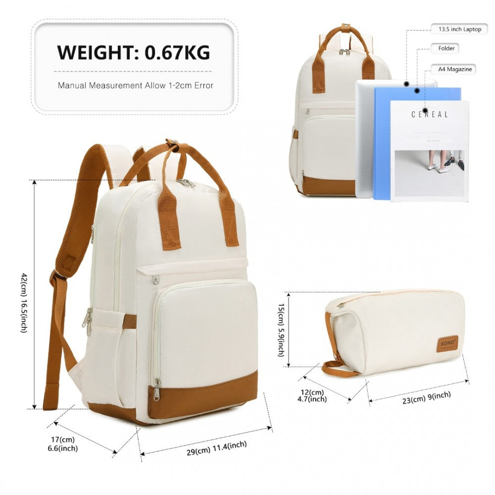 EQ2401 - KONO MULTI-COMPARTMENT LAPTOP BACKPACK WITH TYPE-C USB CHARGING PORT AND SMALL POUCH FOR DAILY COMMUTE AND TRAVEL - CREAM AND BROWN