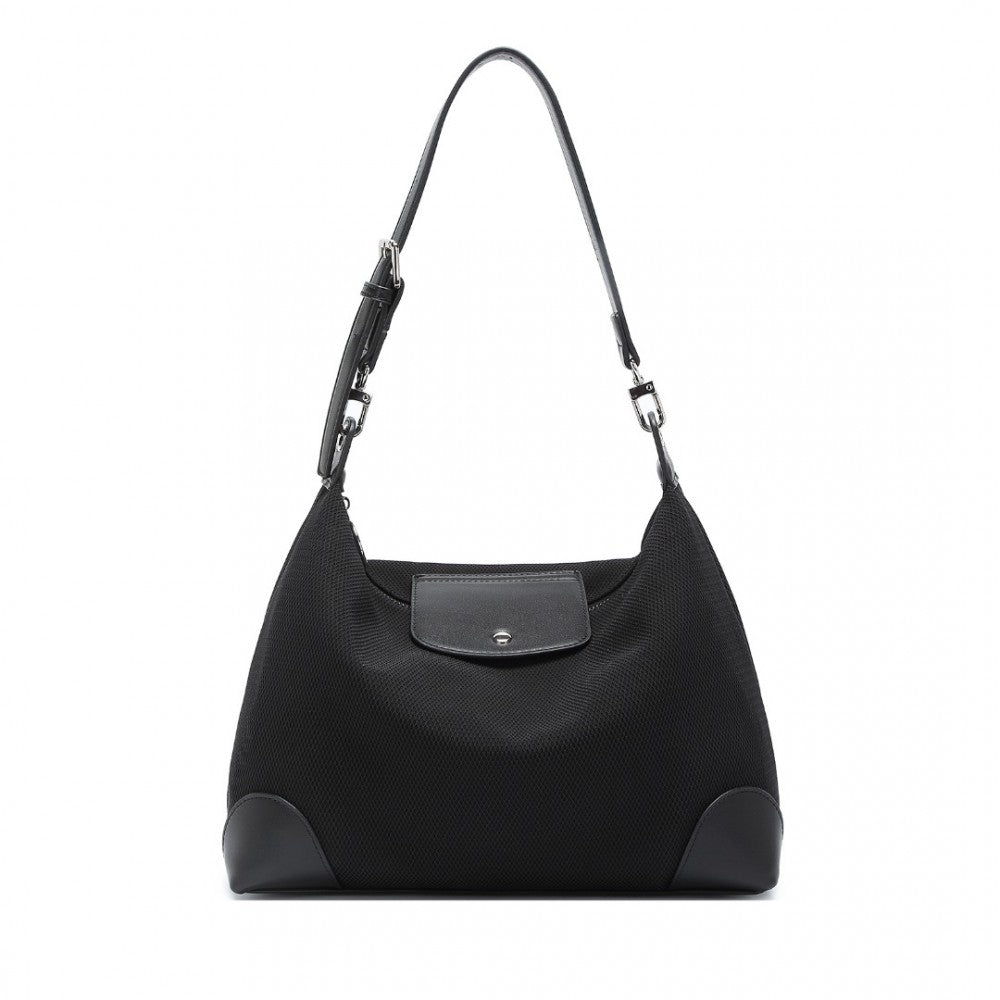 LD2364 - MISS LULU LIGHTWEIGHT CHIC MESH CASUAL SHOULDER BAG WITH PROTECTIVE PU ACCENTS - BLACK