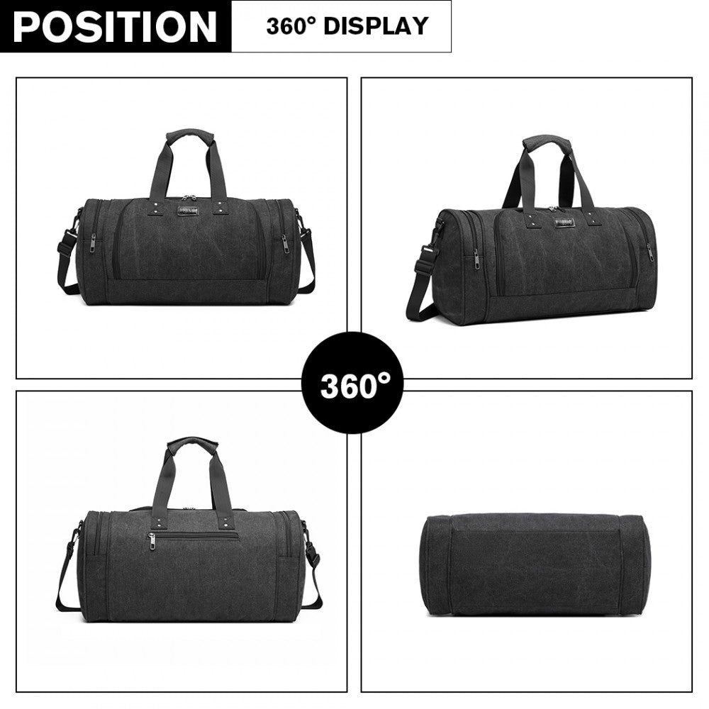 E1957 - KONO CANVAS BARREL DUFFLE TRAVEL BAG - BLACK