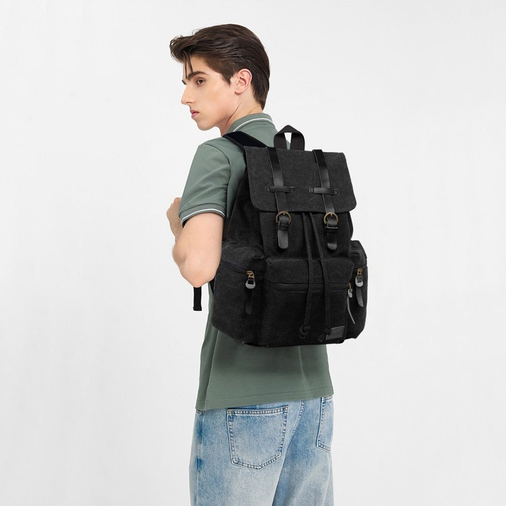 E1672 - KONO LARGE MULTI FUNCTION LEATHER DETAILS CANVAS BACKPACK - BLACK