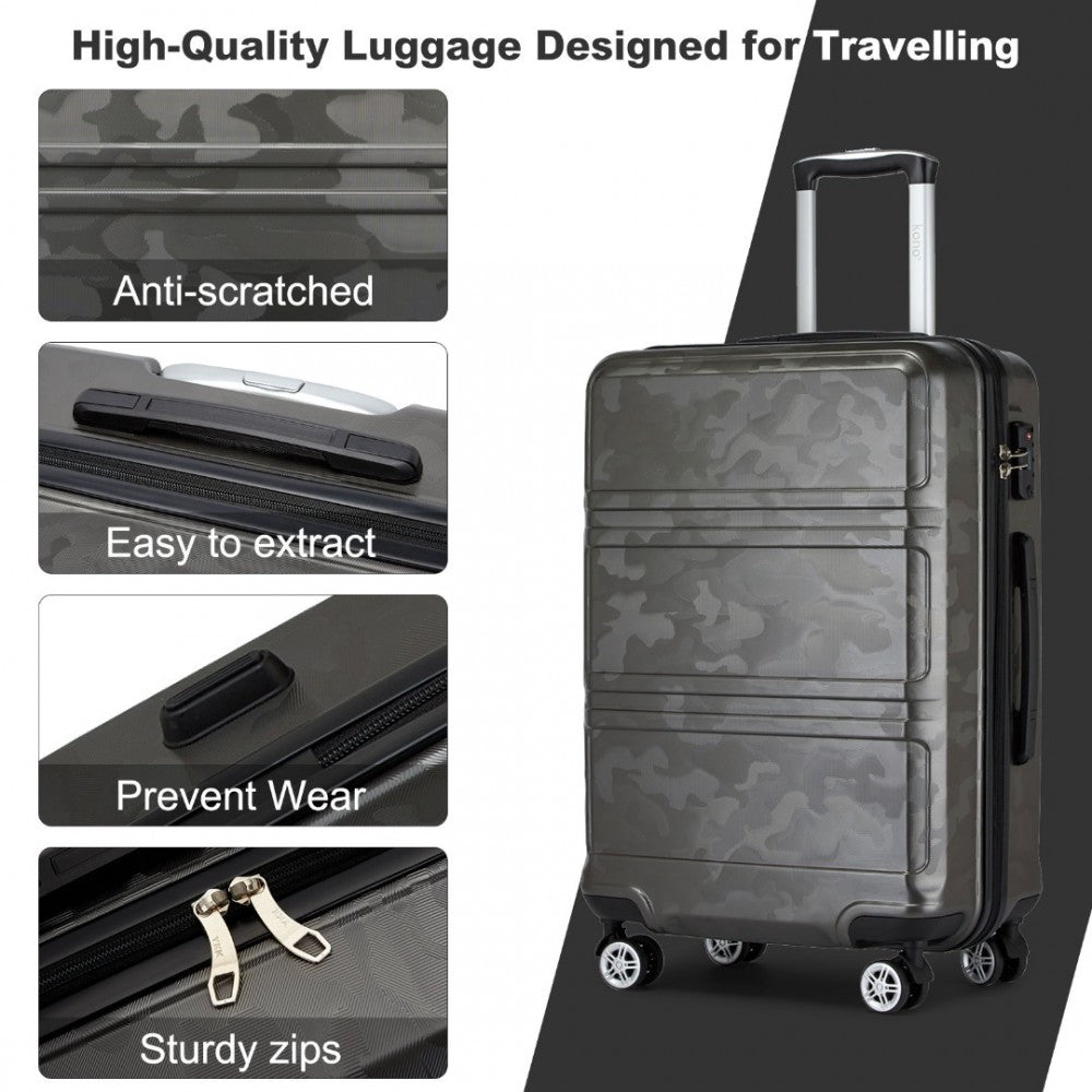 K1871-1L - KONO ABS SCULPTED HORIZONTAL DESIGN 3 PIECE SUITCASE SET - CAMOUFLAGE GREY AND BLACK