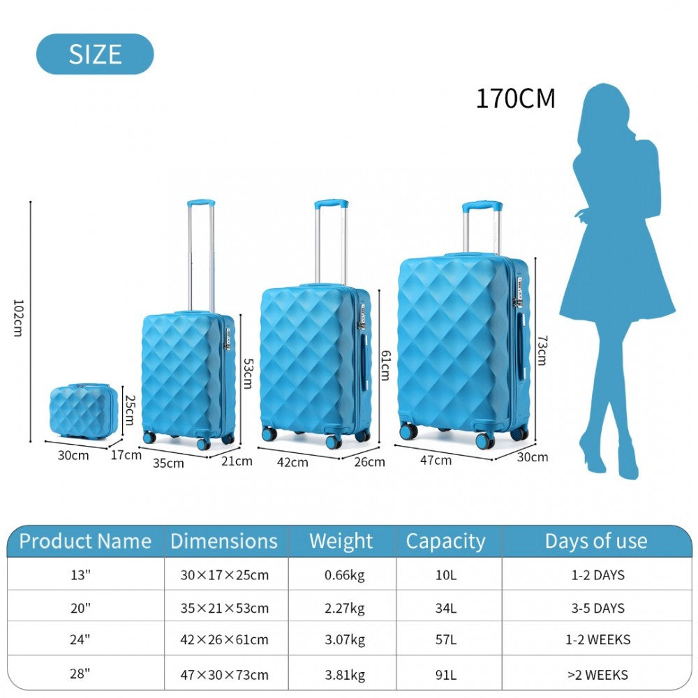 K2395L - BRITISH TRAVELLER ULTRALIGHT ABS AND POLYCARBONATE BUMPY DIAMOND 4 PCS LUGGAGE SET WITH TSA LOCK - BLUE