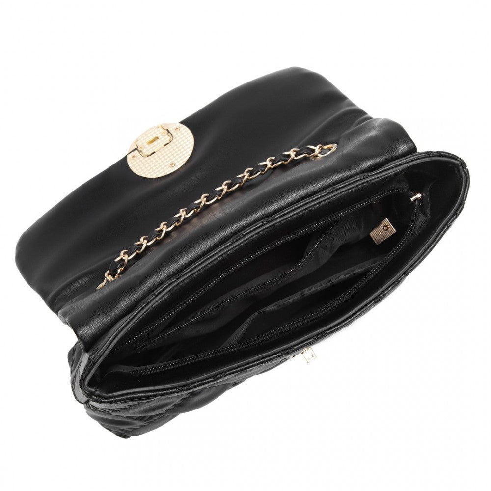 LB2242 - MISS LULU SMOOTH FLAP CHAIN SHOULDER BAG - BLACK