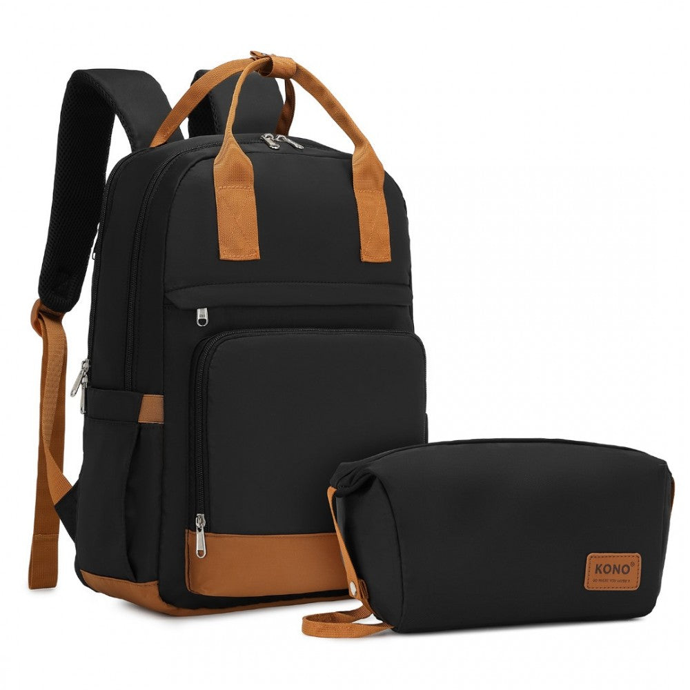 EQ2401 - KONO MULTI-COMPARTMENT LAPTOP BACKPACK WITH TYPE-C USB CHARGING PORT AND SMALL POUCH FOR DAILY COMMUTE AND TRAVEL - BLACK AND BROWN