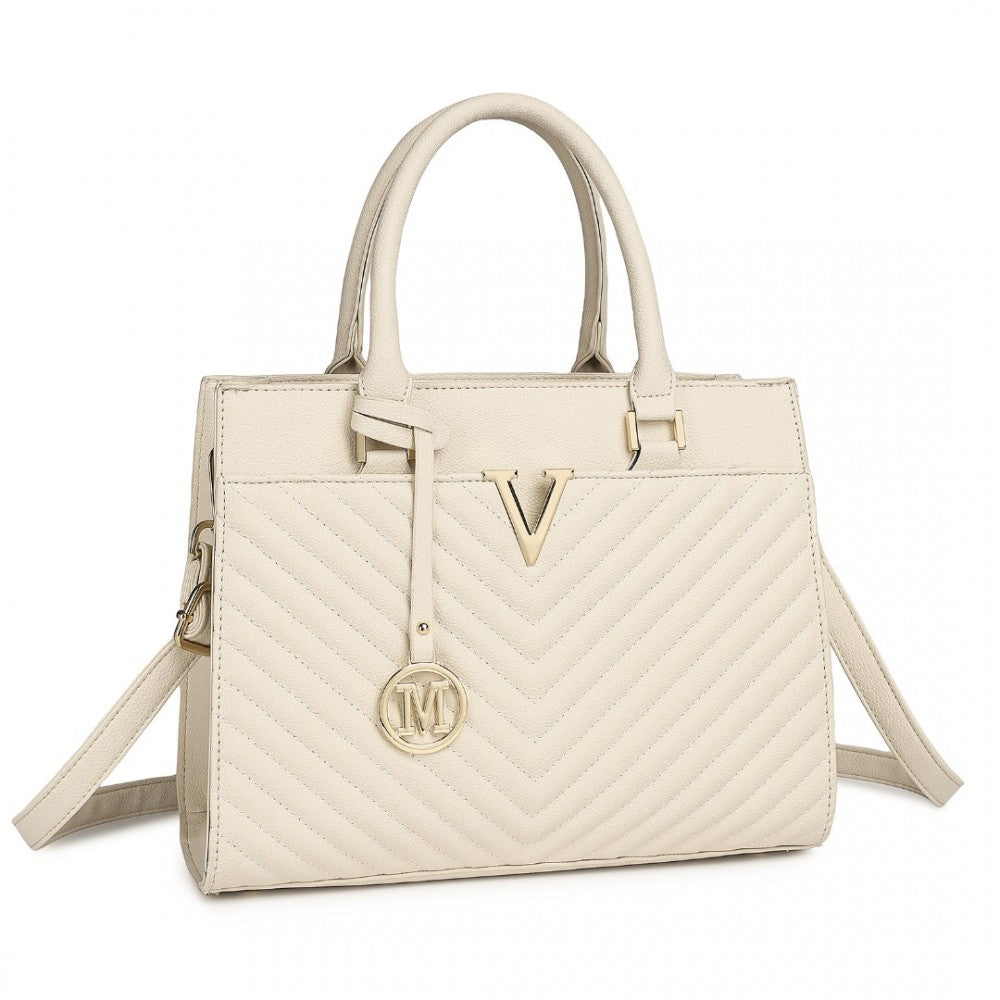 LT2357 - MISS LULU CHIC V-QUILTED PU LEATHER SOPHISTICATED HANDBAG - BEIGE