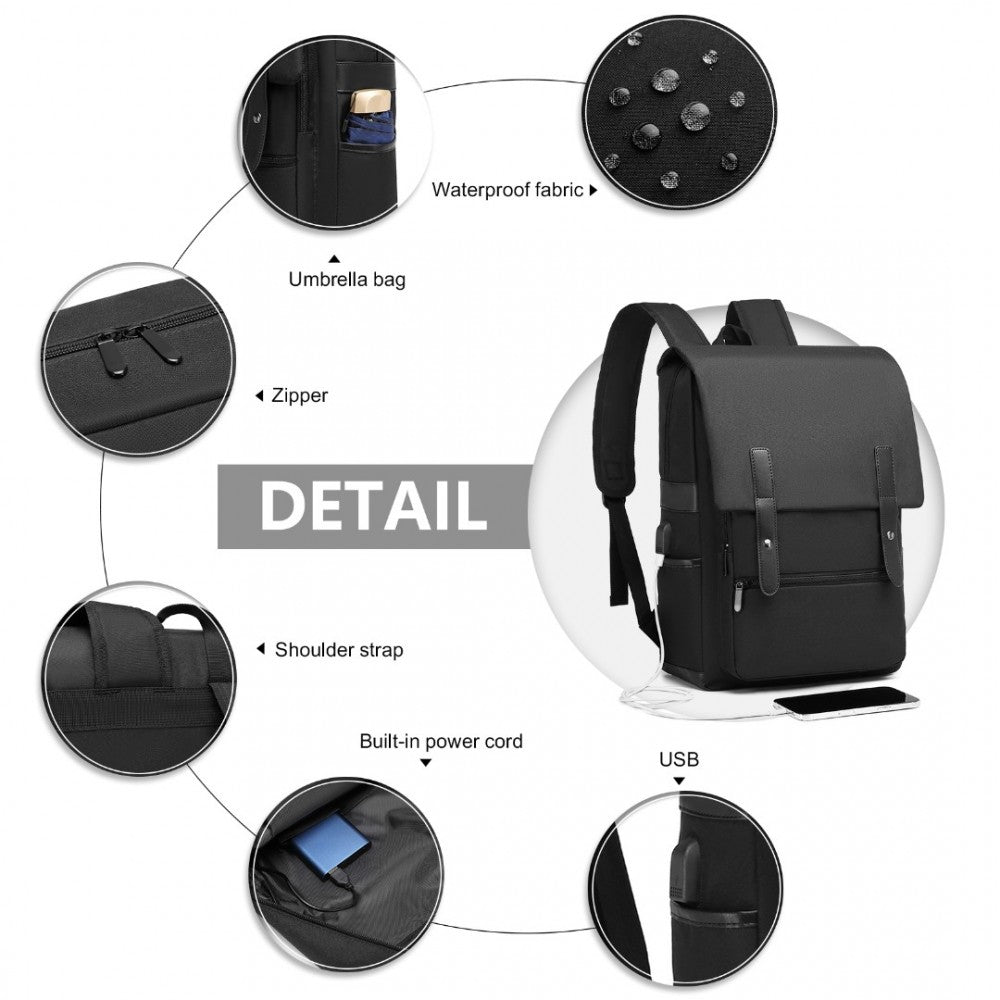 EG2032 - KONO SMART PRACTICAL BACKPACK WITH USB CHARGABLE INTERFACE - BLACK