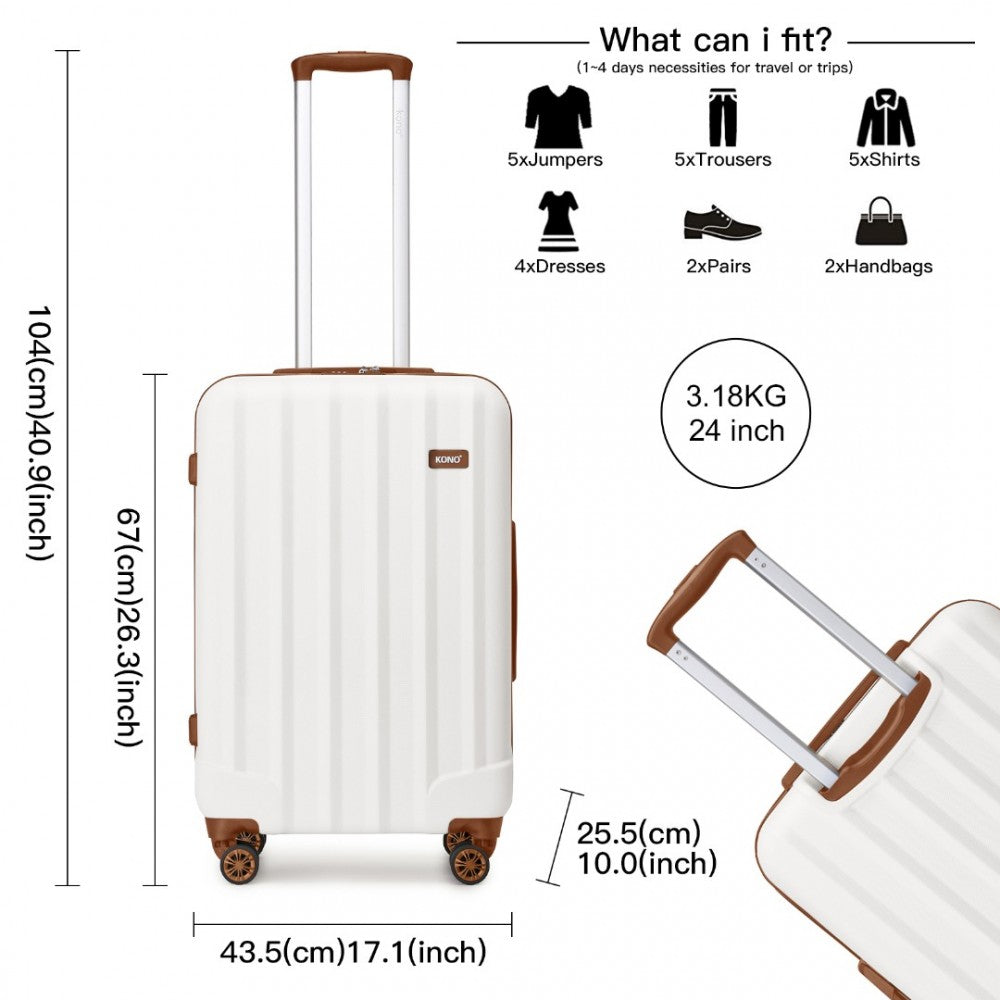 K1773-1L - KONO 24 INCH STRIPED ABS HARD SHELL LUGGAGE WITH 360-DEGREE SPINNER WHEELS - CREAM