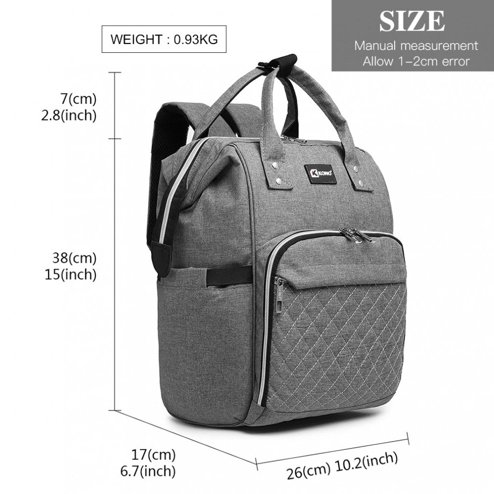 E6705USB - KONO PLAIN WIDE OPENING BABY NAPPY CHANGING BACKPACK WITH USB CONNECTIVITY - GREY