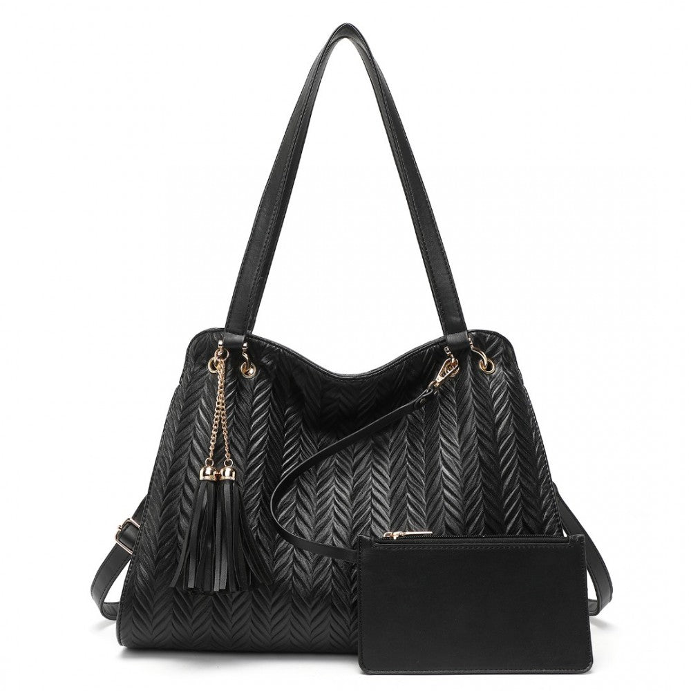 LG2339 - MISS LULU CHIC EMBOSSED TOTE WITH TASSEL DETAIL AND CARD POUCH - BLACK