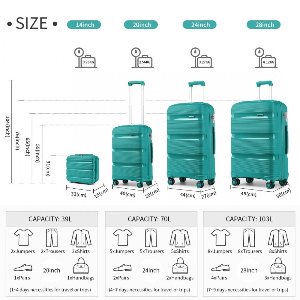 K2092L - KONO BRIGHT HARD SHELL PP SUITCASE WITH TSA LOCK AND VANITY CASE 4 PIECES SET - CLASSIC COLLECTION - TEAL