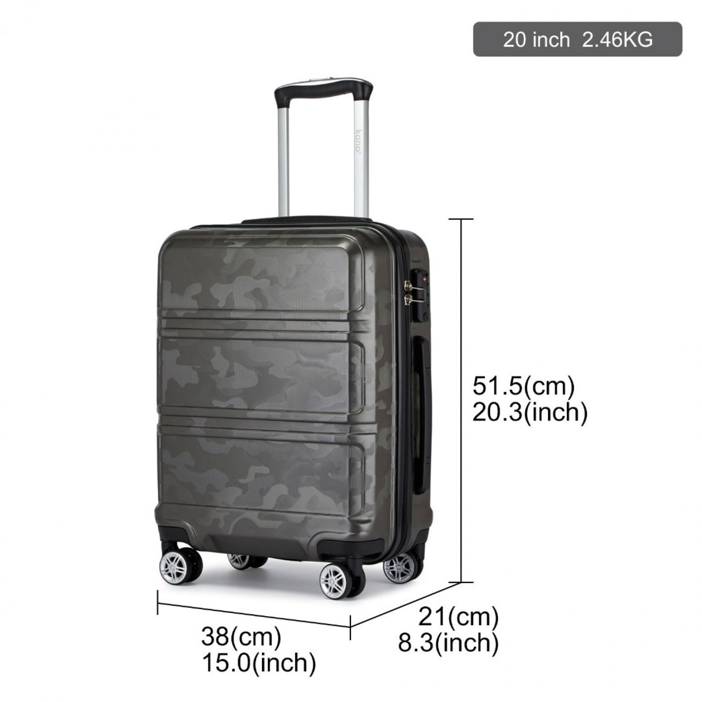 K1871-1L - KONO ABS 20 INCH SCULPTED HORIZONTAL DESIGN CABIN LUGGAGE - CAMOUFLAGE GREY AND BLACK - The Baggage Shop