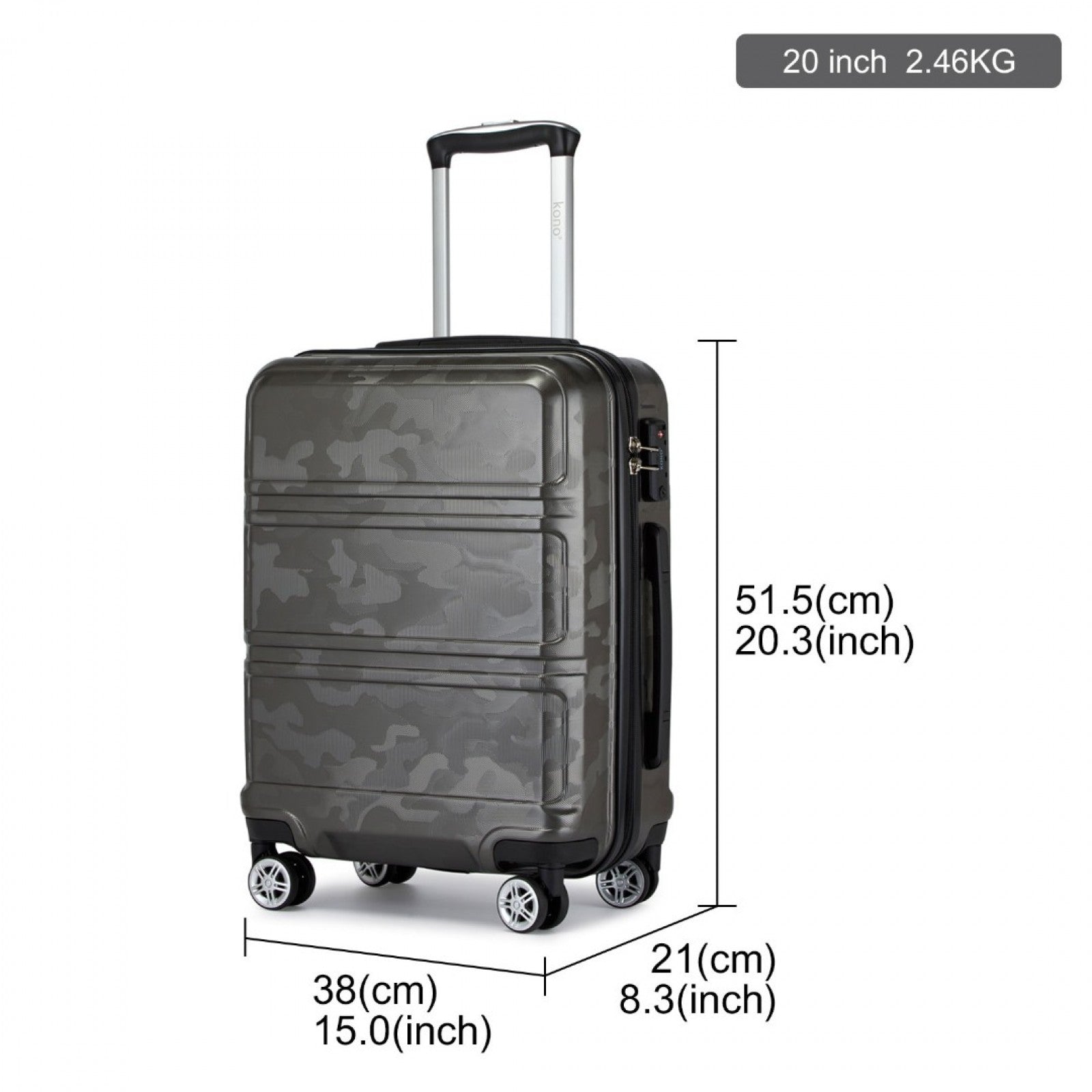 K1871-1L - KONO ABS 20 INCH SCULPTED HORIZONTAL DESIGN CABIN LUGGAGE - CAMOUFLAGE GREY AND BLACK - The Baggage Shop