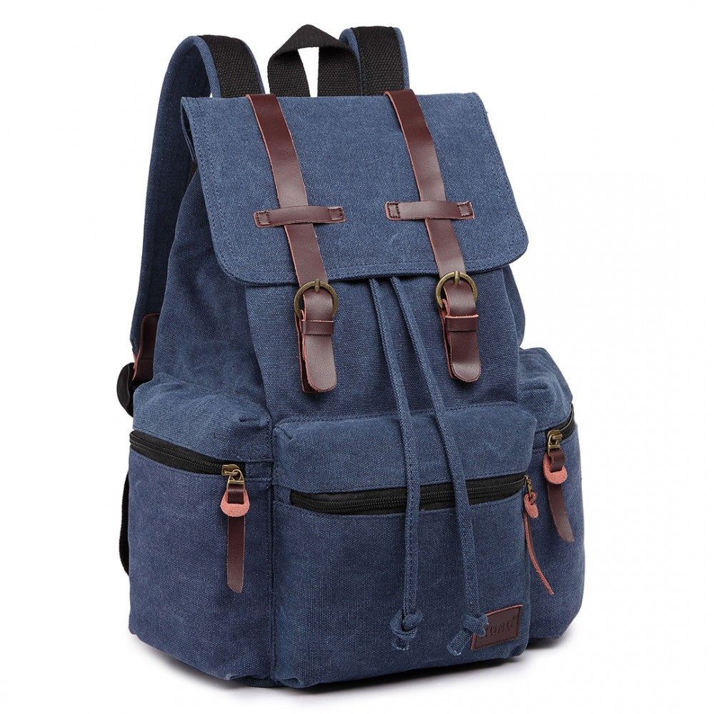 E1672 - KONO LARGE MULTI FUNCTION LEATHER DETAILS CANVAS BACKPACK - BLUE