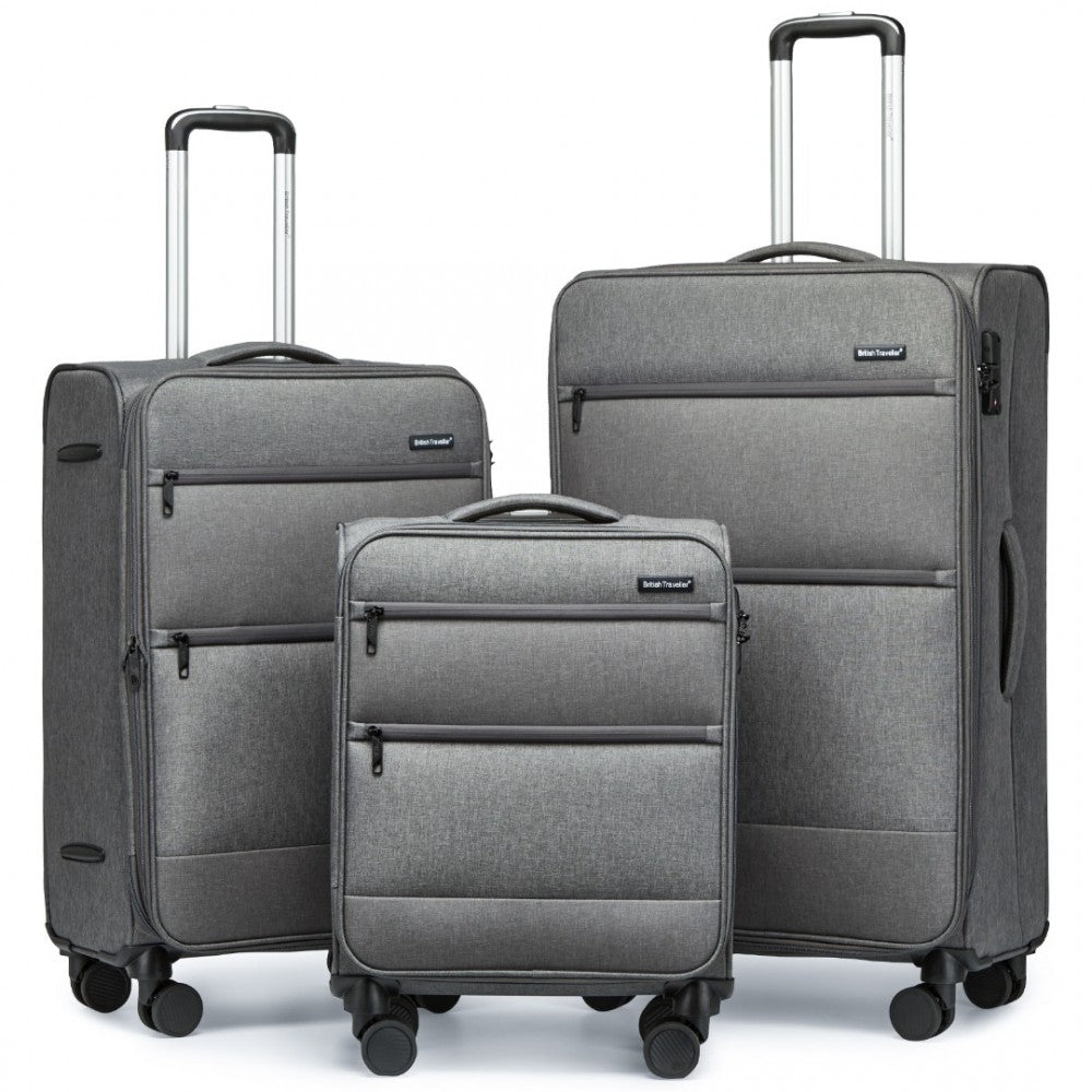 K2397L - BRITISH TRAVELLER 3-PIECE LIGHTWEIGHT SOFT SHELL LUGGAGE SET WITH TSA LOCKS - GREY