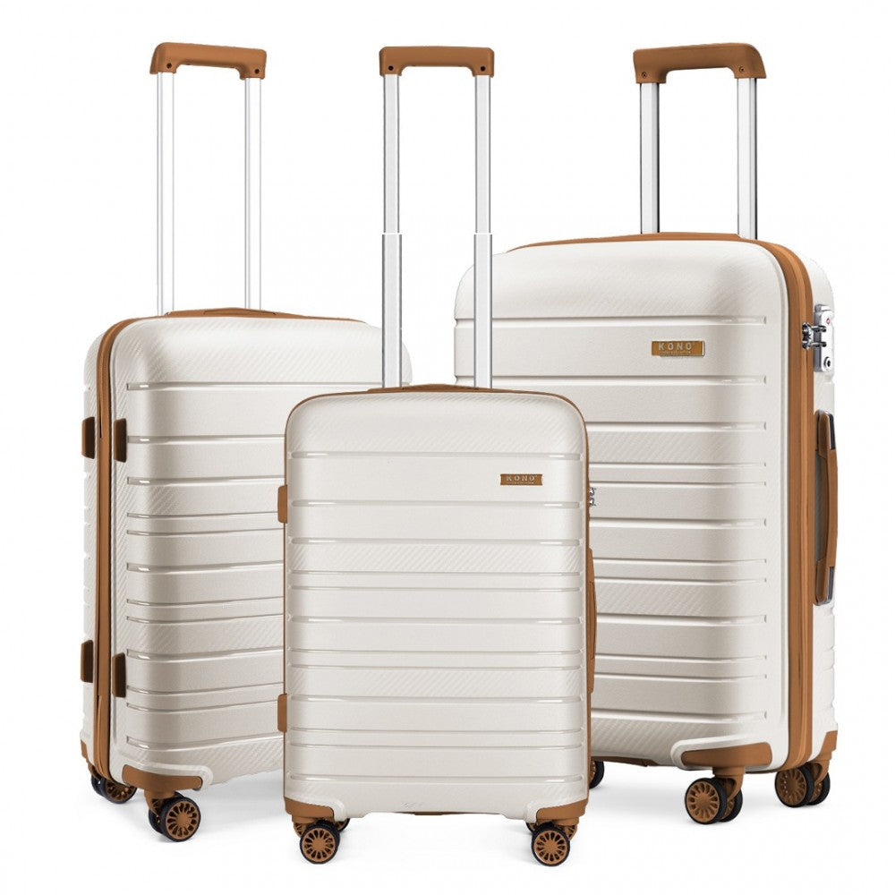 K2091L - KONO MULTI TEXTURE HARD SHELL PP SUITCASE 3 PIECES SET - CLASSIC COLLECTION - CREAM