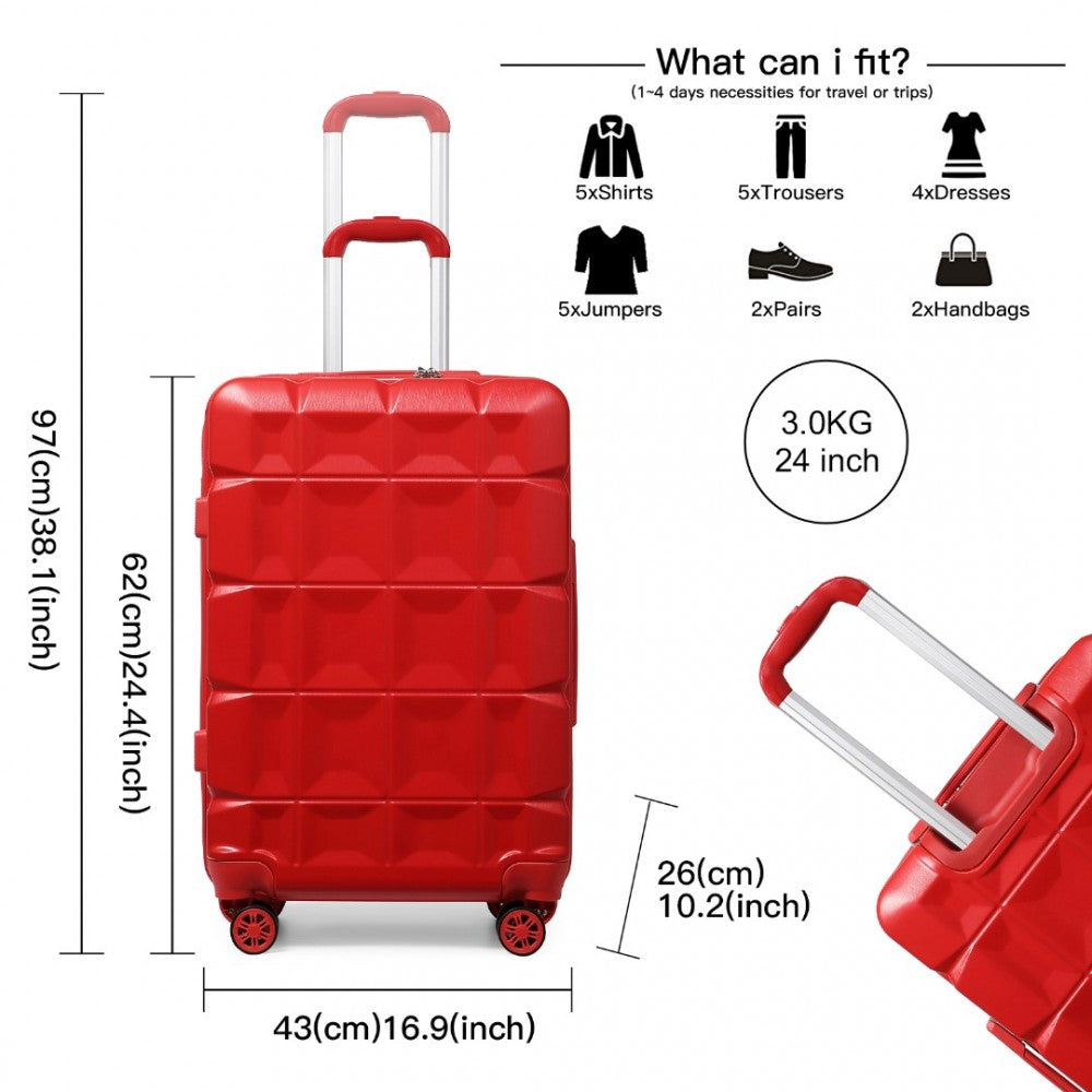 K2292L - KONO 24 INCH LIGHTWEIGHT HARD SHELL ABS SUITCASE WITH TSA LOCK - RED